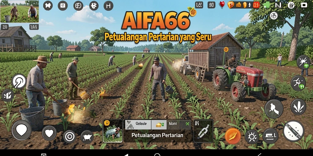 Tampilan epik gameplay AIFA66 dengan aktivitas bertani yang seru.
