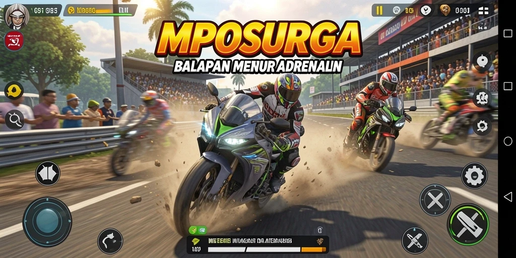 Tampilan gameplay MPOSURGA yang menarik dan seru saat balapan motor.