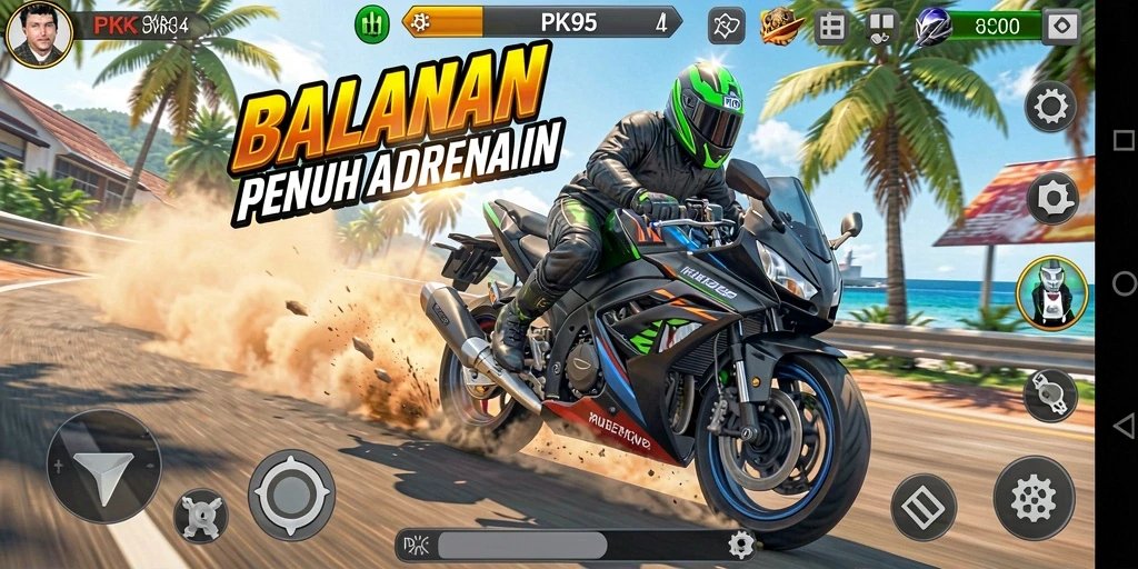 Screenshot utama PK95 menampilkan aksi balapan motor yang intens.