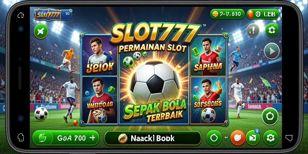 Tampilan gameplay SLOT777 dengan simbol dan karakter sepak bola.