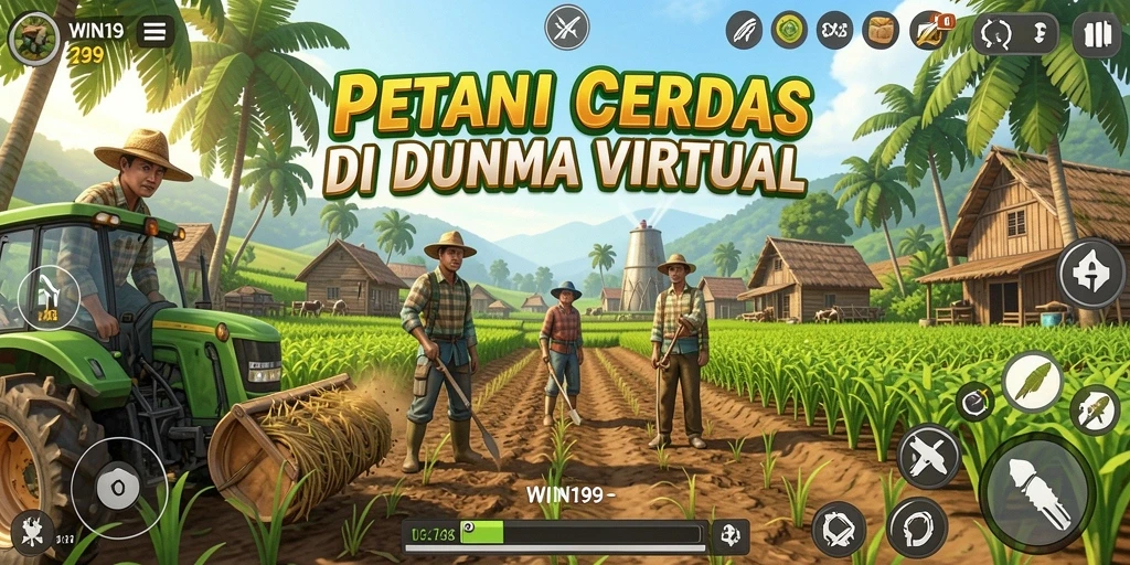 Screenshot menunjukkan gameplay WIN199 dengan ladang yang subur dan hewan ternak.